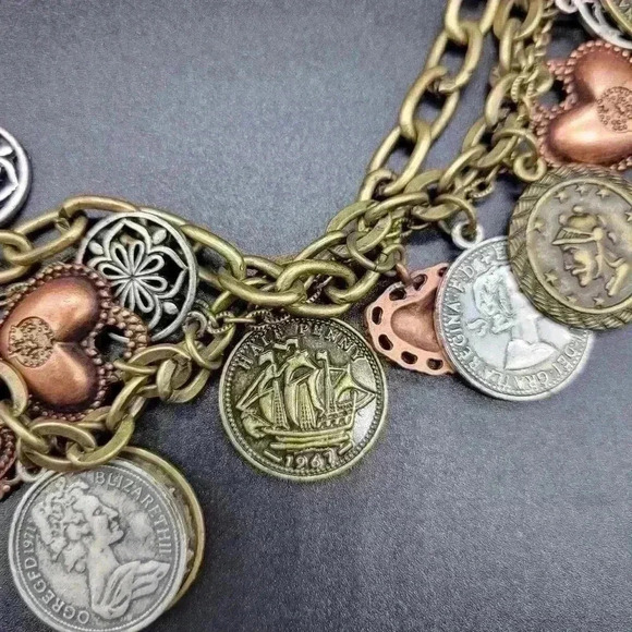 Rare Antique Gold,Silver Plated Coin Charm Multi Chain Necklace/Belt - Picture 5 of 11
